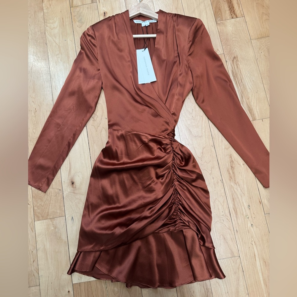 Veronica Beard Copper Satin Long Sleeve Dress